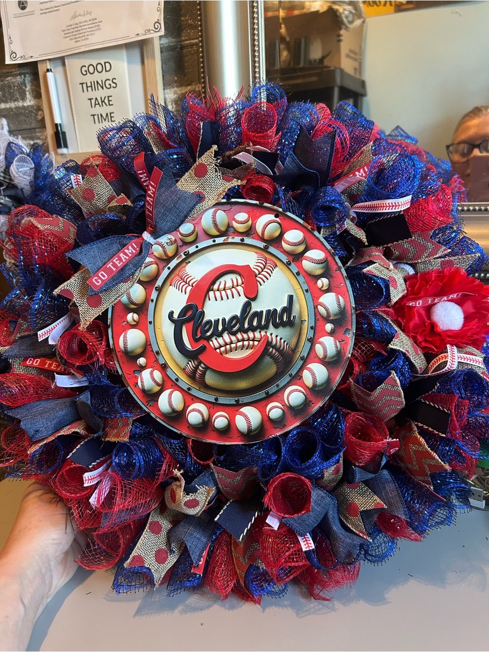 Hand Crafted Cleveland Baseball Red Blue Fan Wreath